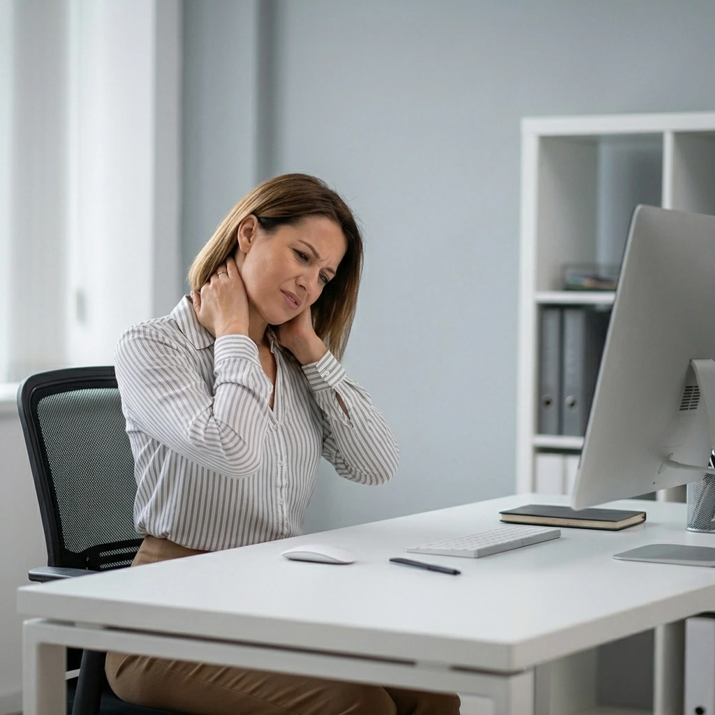 Femme souffrant de douleurs cervicales à son bureau, mettant en évidence des pathologies de la colonne vertébrale traitées par le Dr Marc Prod’Homme.