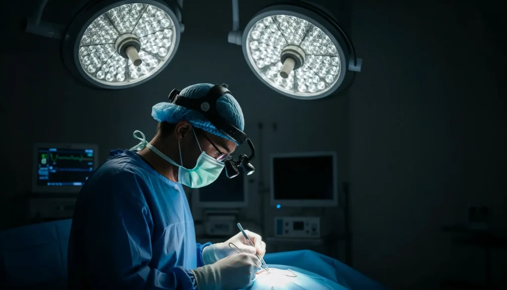 Dr Marc Prod’Homme effectuant une chirurgie spinale de précision dans un bloc opératoire moderne.